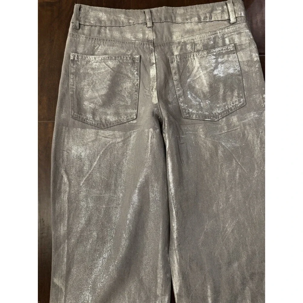 Gianni Bini Girls Foiled Metallic Denim Pants gray silver straight wide legs 16